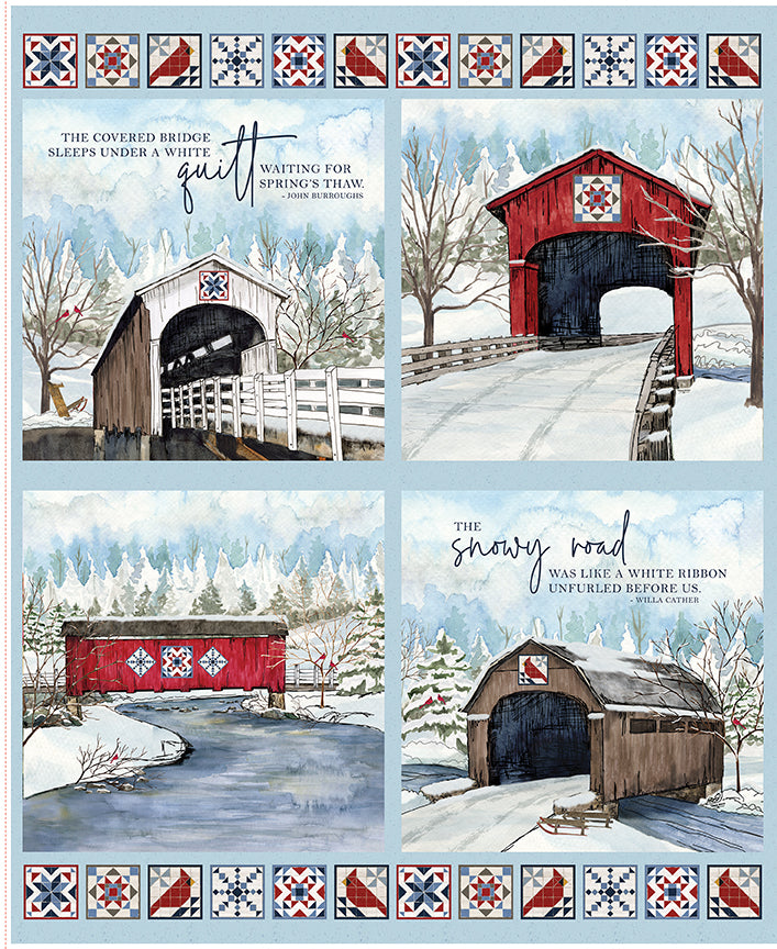 covered-bridges-in-winter-by-riley-blake- PD18005-PANEL is Available at International Textiles Ltd in Canada