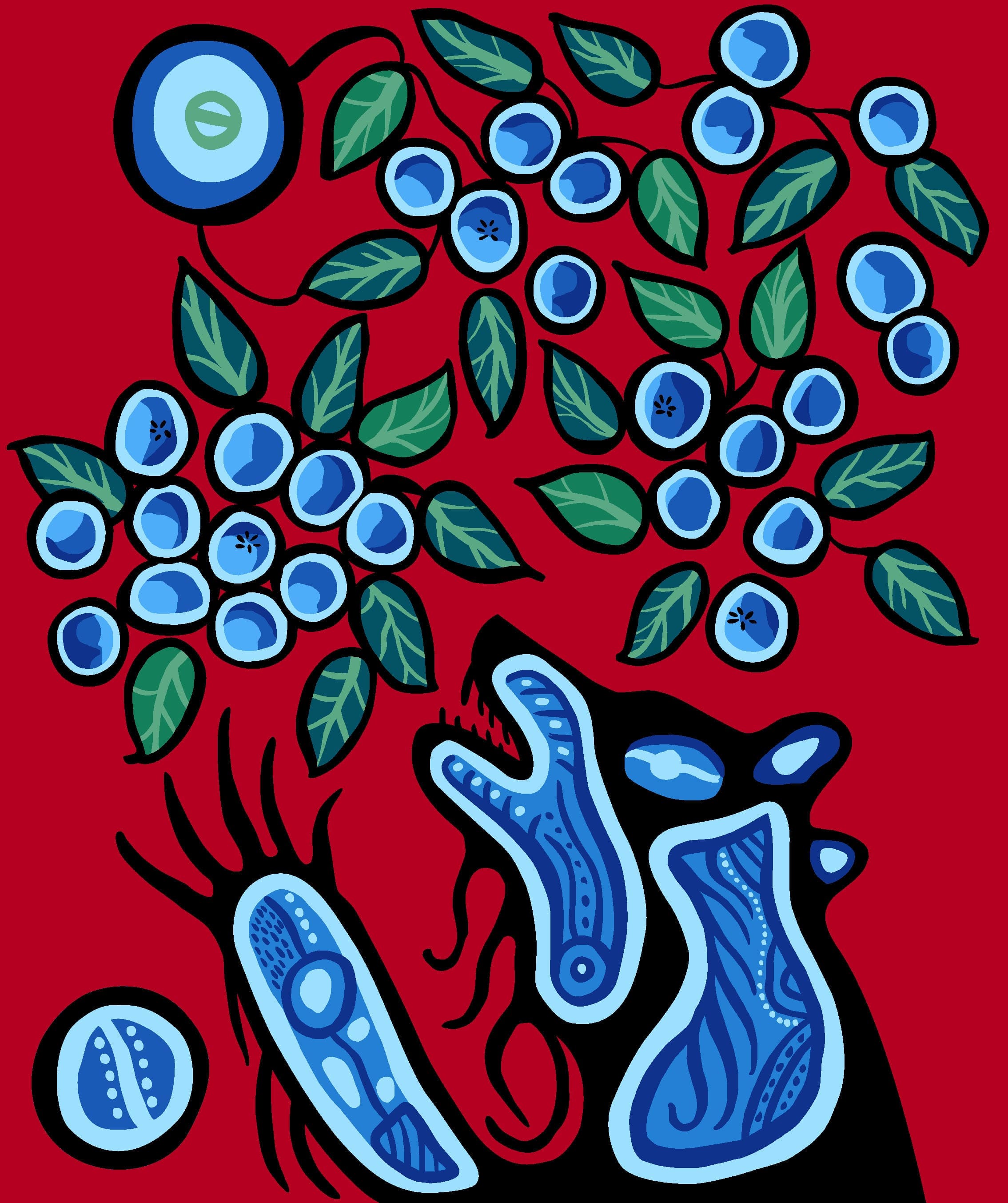 Blueberry_and_Bear_by_C.J._Houle CJH-0003P-Red Indigenous fabrics by Itex Designs