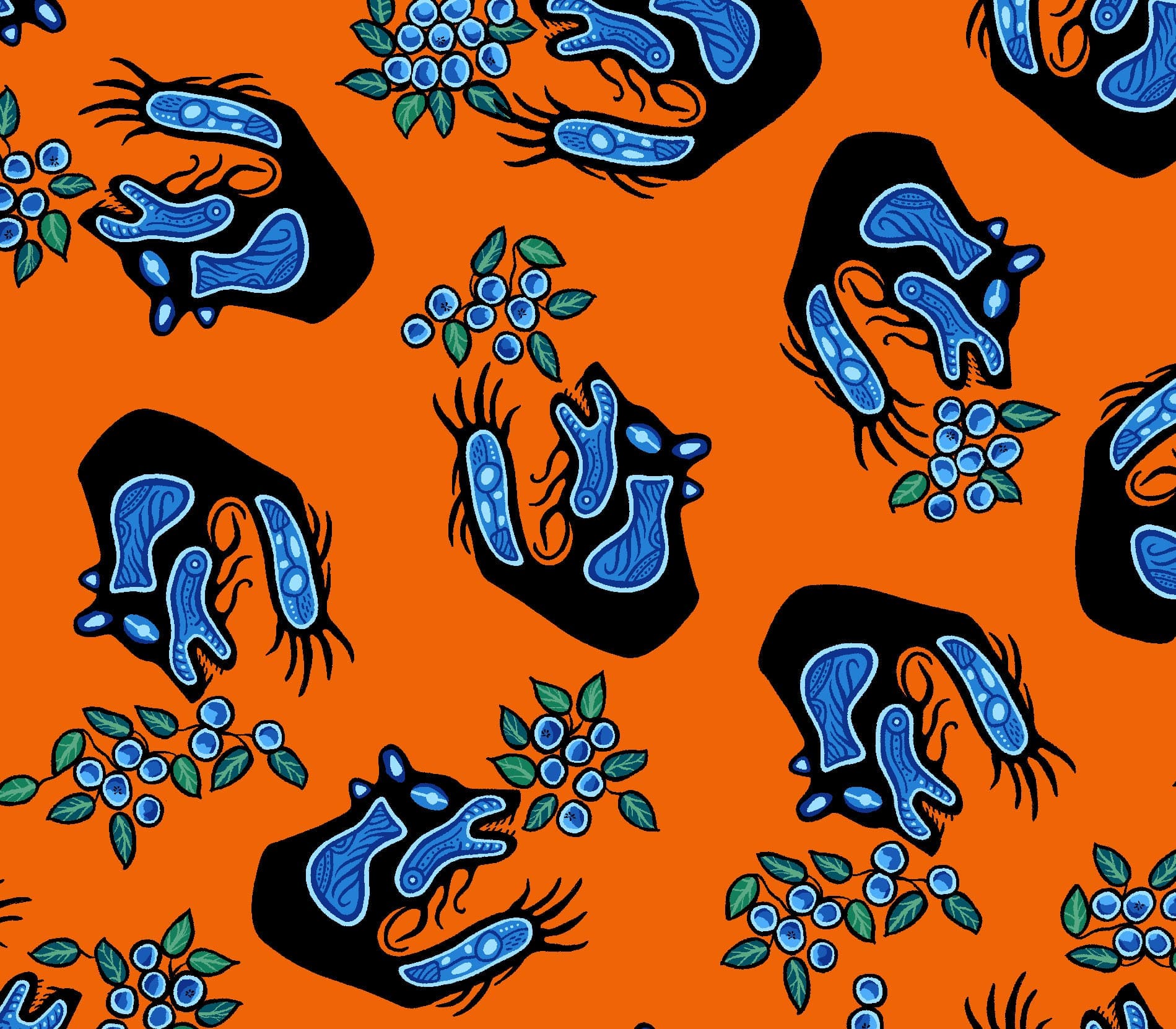 Blueberry_and_Bear_by_C.J._Houle CJH-0004-Orange Indigenous fabrics by Itex Designs
