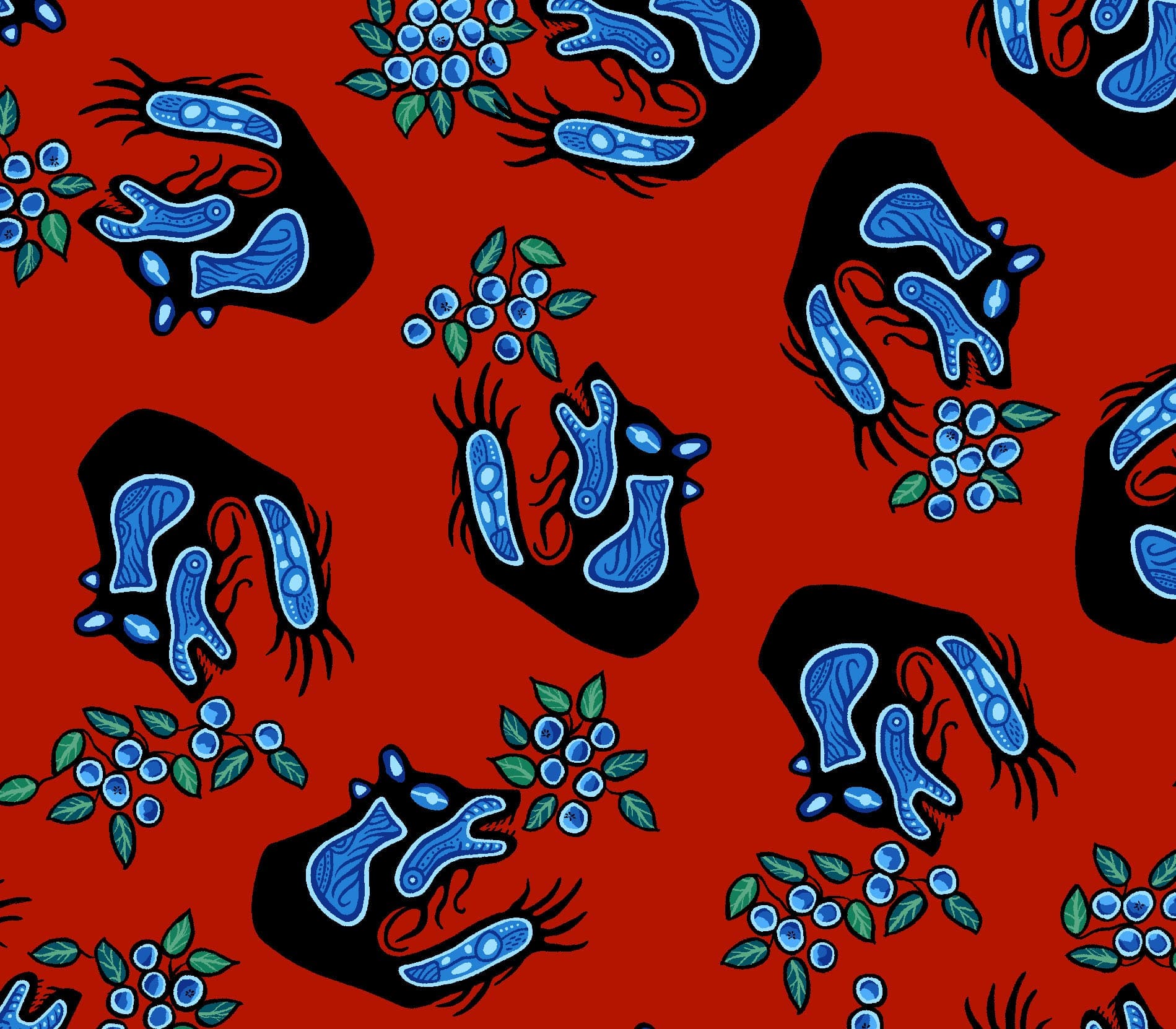 Blueberry_and_Bear_by_C.J._Houle CJH-0004-Red Indigenous fabrics by Itex Designs