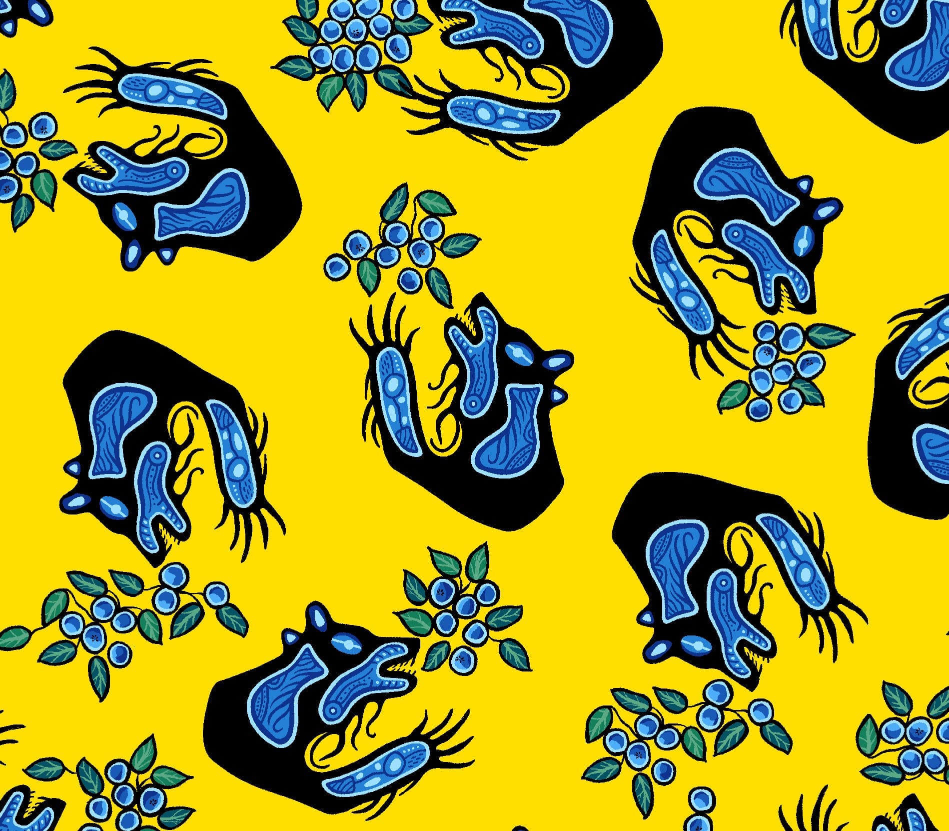 Blueberry_and_Bear_by_C.J._Houle CJH-0004-Yellow Indigenous fabrics by Itex Designs