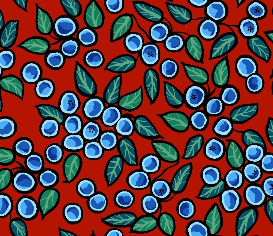 Blueberry_and_Bear_by_C.J._Houle CJH-0005-Red Indigenous fabrics by Itex Designs