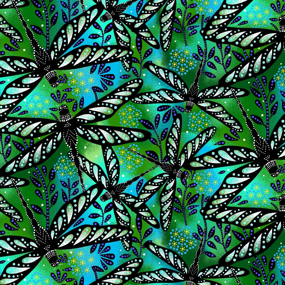 Dragonflies_by_Betty_Albert BA-0004-Green Indigenous fabrics by Itex Designs
