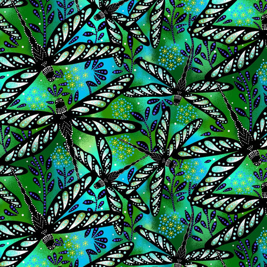 Dragonflies_by_Betty_Albert BA-0004-Green Indigenous fabrics by Itex Designs