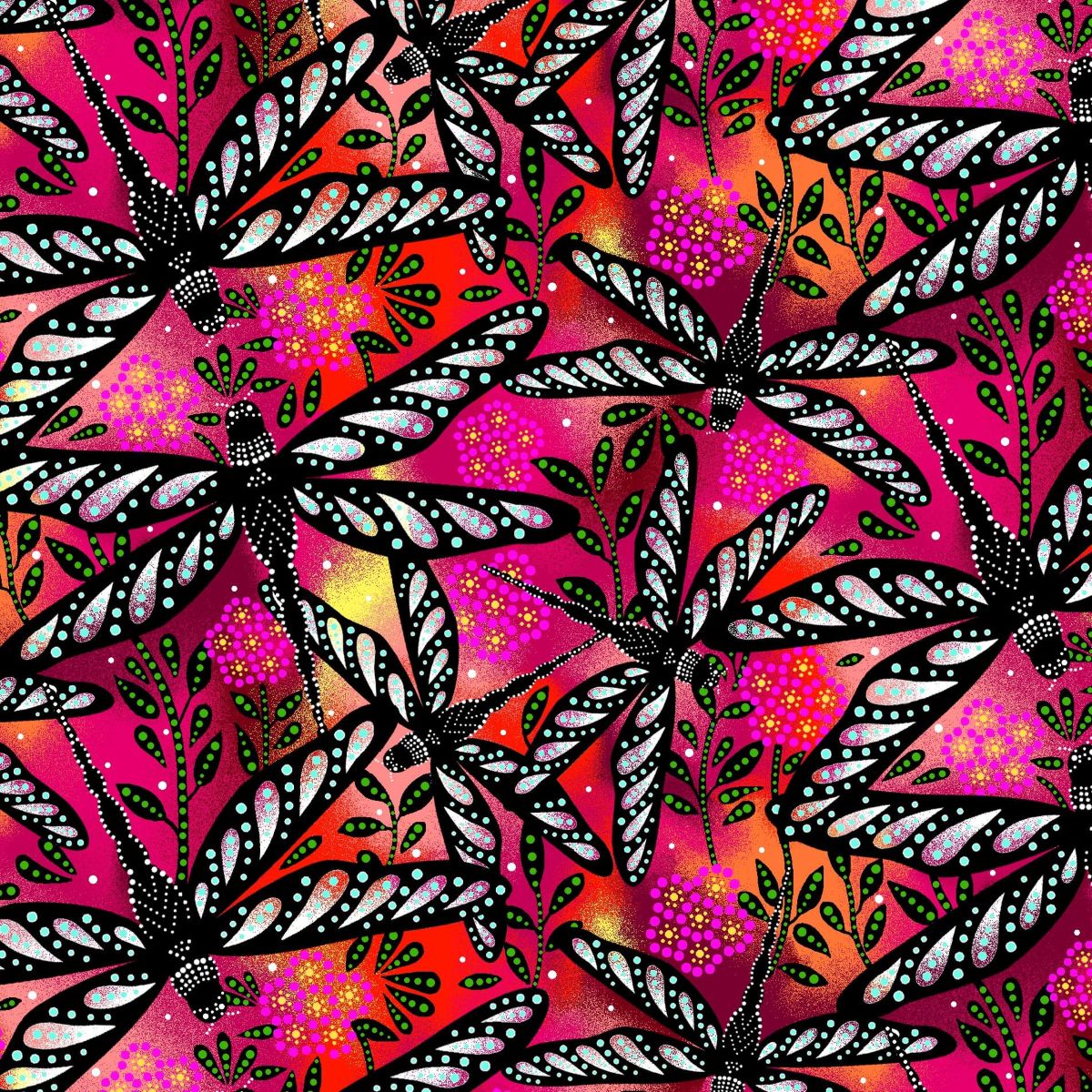 Dragonflies_by_Betty_Albert BA-0004-Pink/Orange Indigenous fabrics by Itex Designs