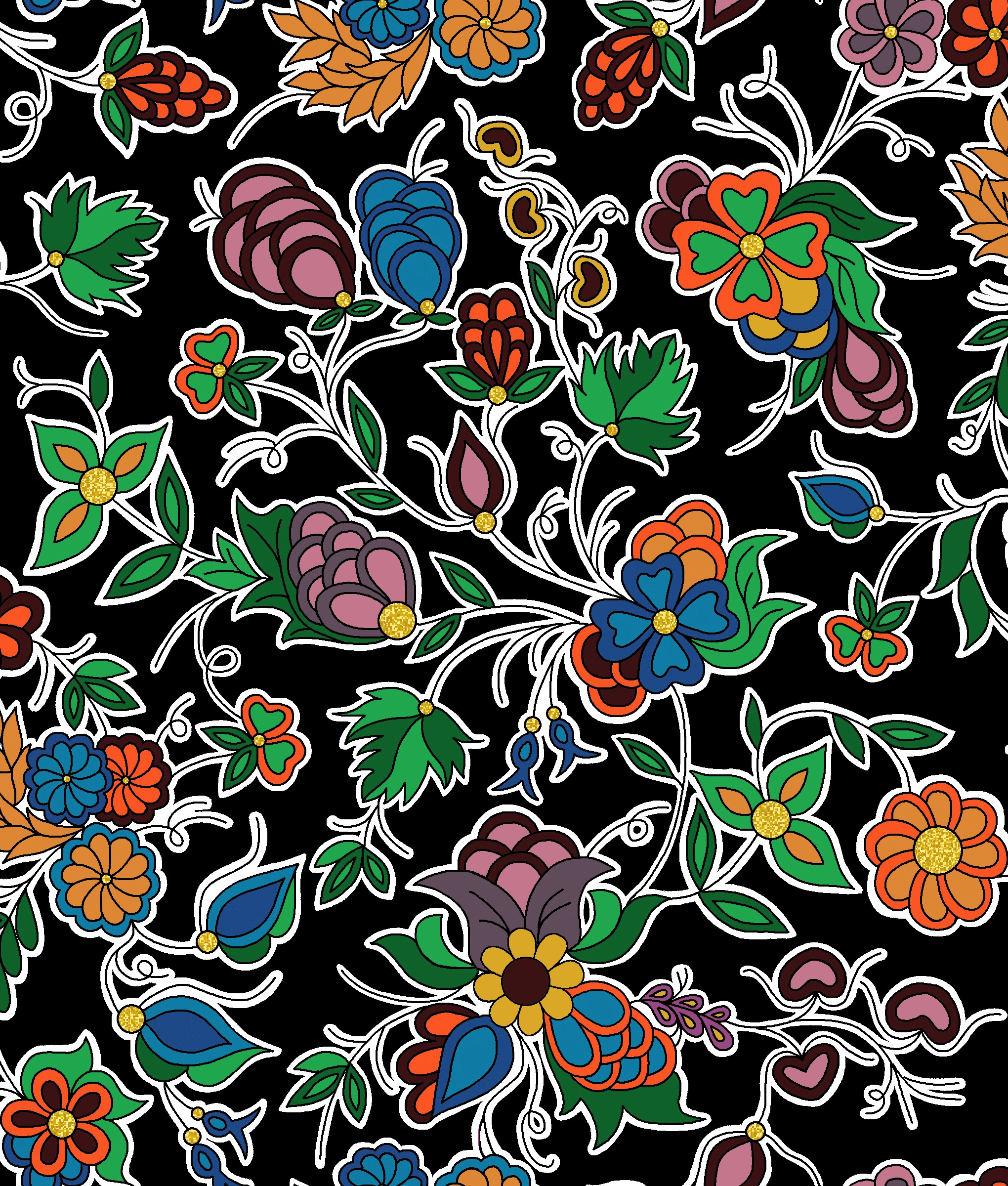 Family_Blooms_by_Tamara_Malcolm TM-0003M-Black Indigenous fabrics by Itex Designs