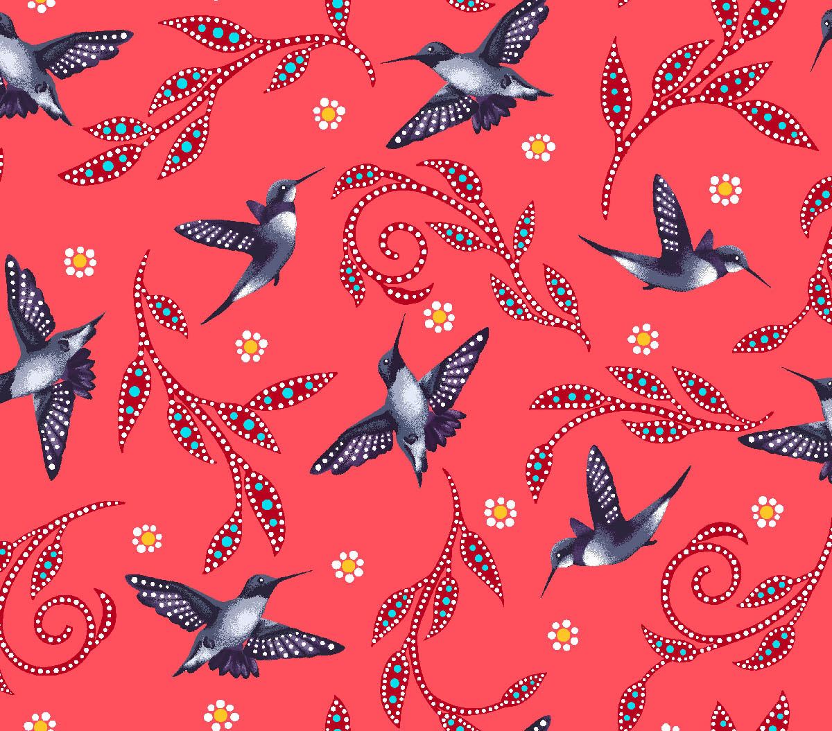 Hummingbirds_by_Betty_Albert BA-0007-Coral Indigenous fabrics by Itex Designs