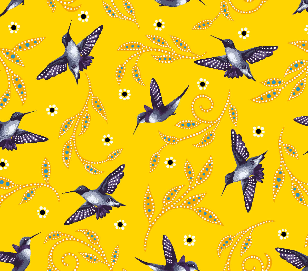 Hummingbirds_by_Betty_Albert BA-0007-Yellow Indigenous fabrics by Itex Designs