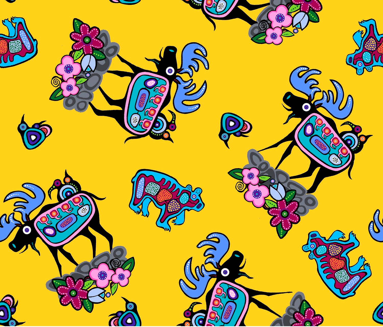 Moose_by_Donna_The_Strange DTS-0006-Yellow Indigenous fabrics by Itex Designs