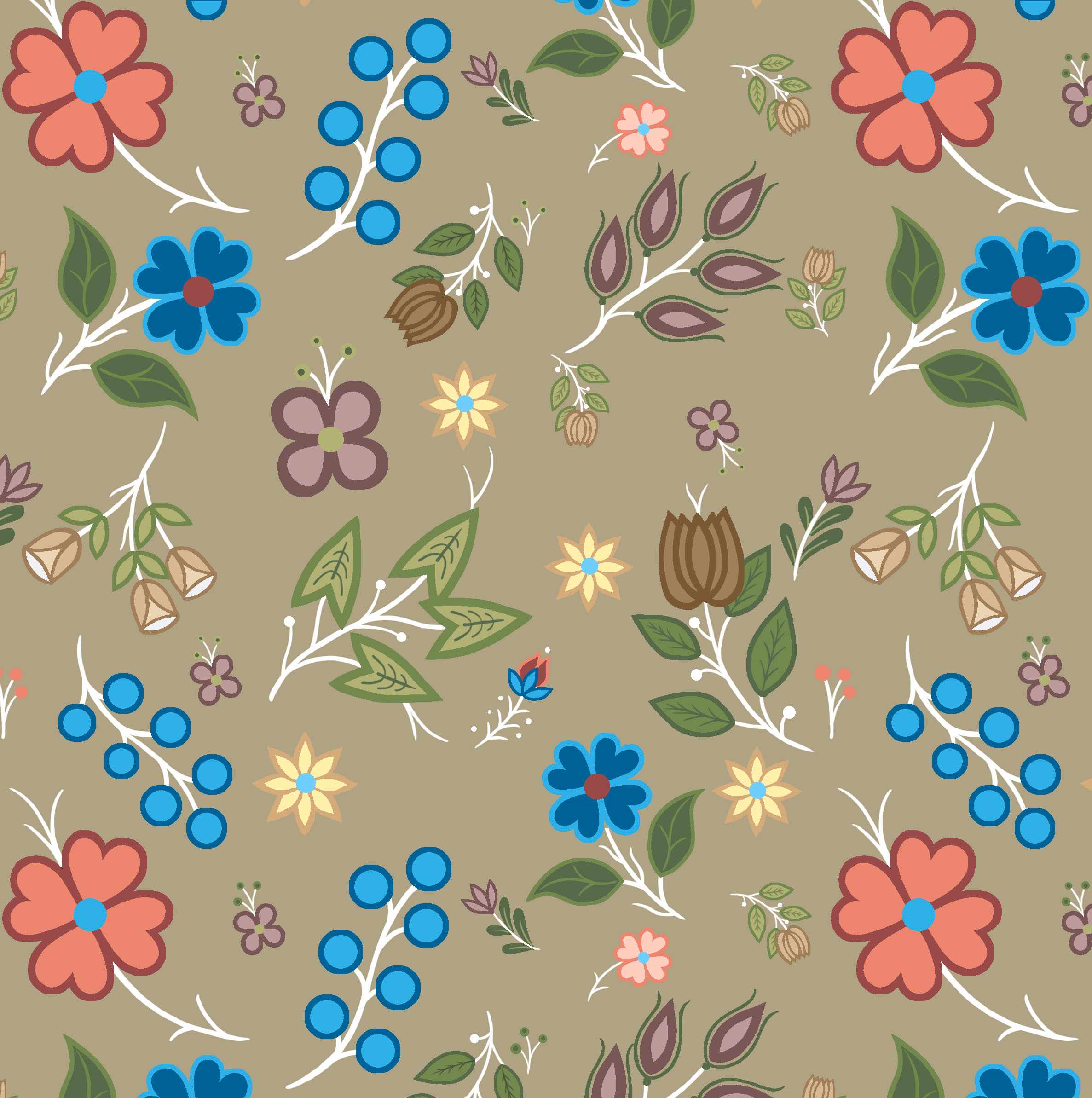 Native_Floral_6_by_Shannon_Gustafson SG-0006-Khaki Indigenous fabrics by Itex Designs
