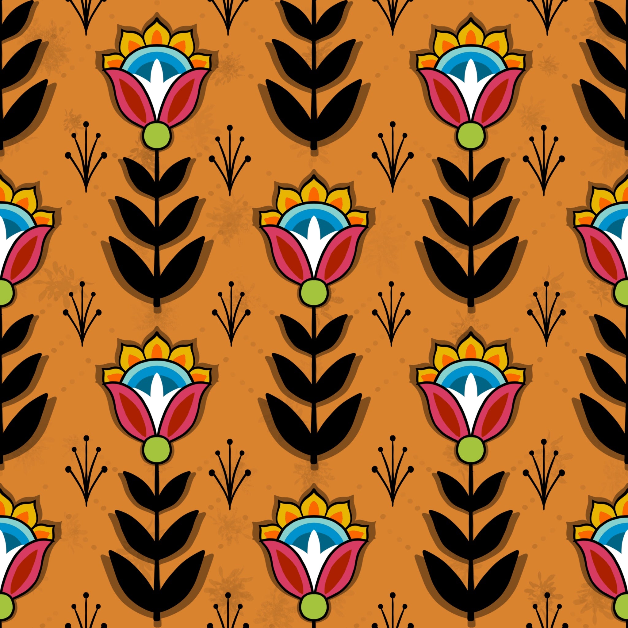 Native_Floral_8_by_Shannon_Gustafson SG-0008-Golden Orange Indigenous fabrics by Itex Designs