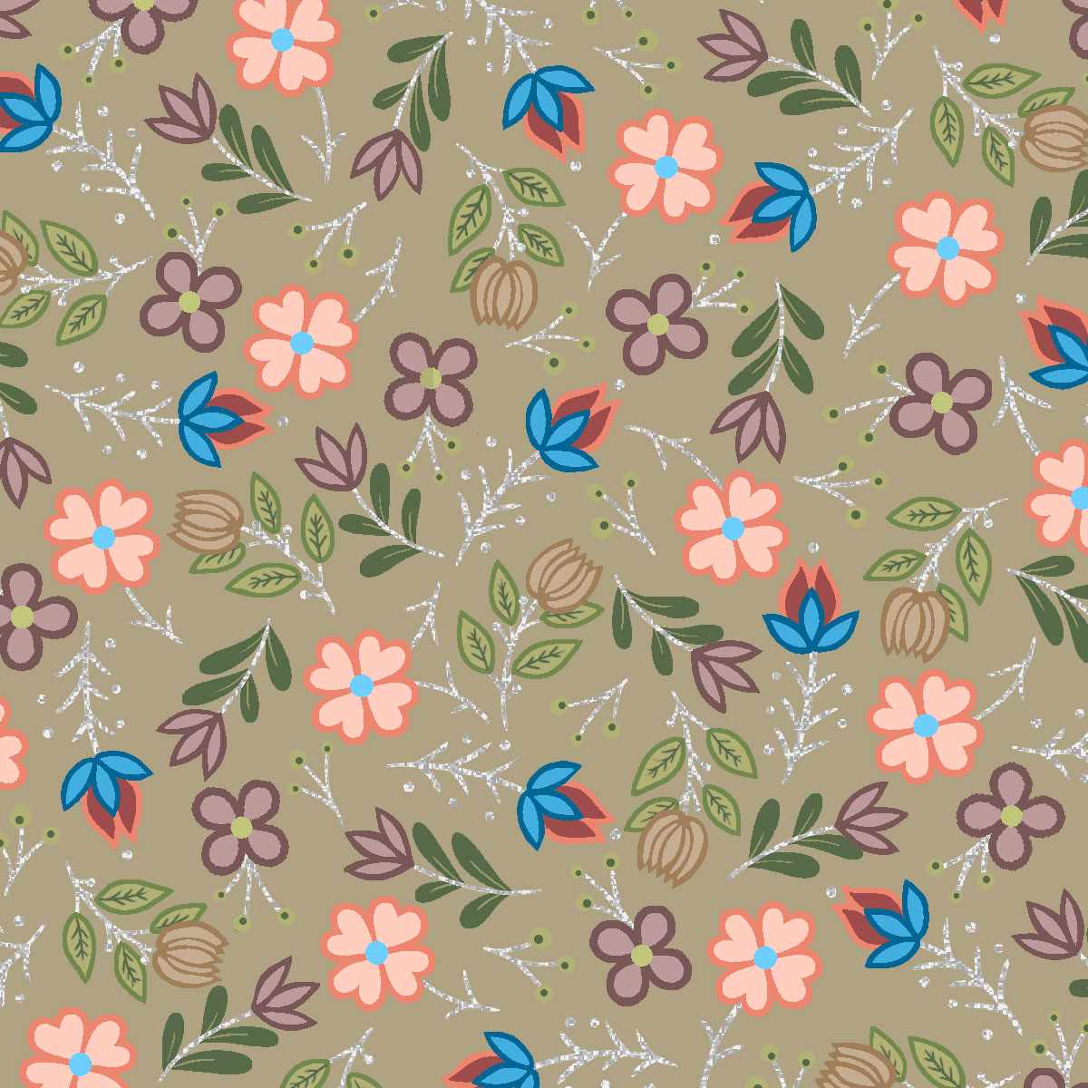 Native_Floral_Metallic_7_by_Shannon_Gustafson SG-0007M-Khaki Indigenous fabrics by Itex Designs