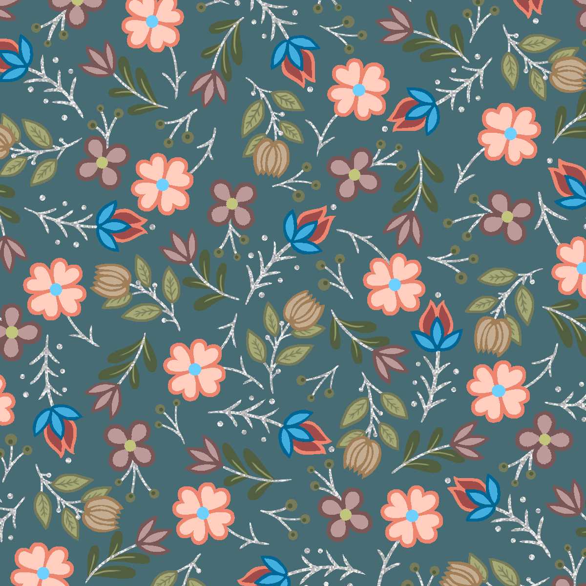 Native_Floral_Metallic_7_by_Shannon_Gustafson SG-0007M-Teal Indigenous fabrics by Itex Designs