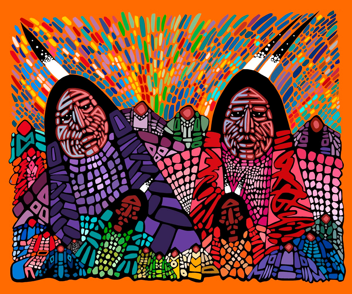 Wisdom,_An_Elder_Couple_by_Jerry_Whitehead JW-0001DP-Orange Indigenous fabrics by Itex Designs