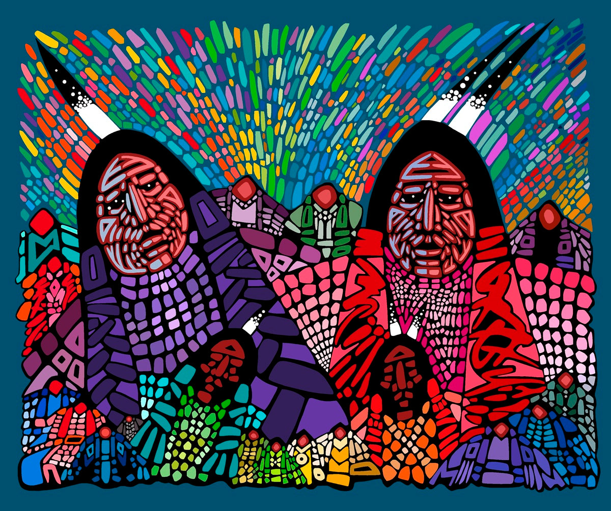 Wisdom,_An_Elder_Couple_by_Jerry_Whitehead JW-0001DP-Teal Indigenous fabrics by Itex Designs