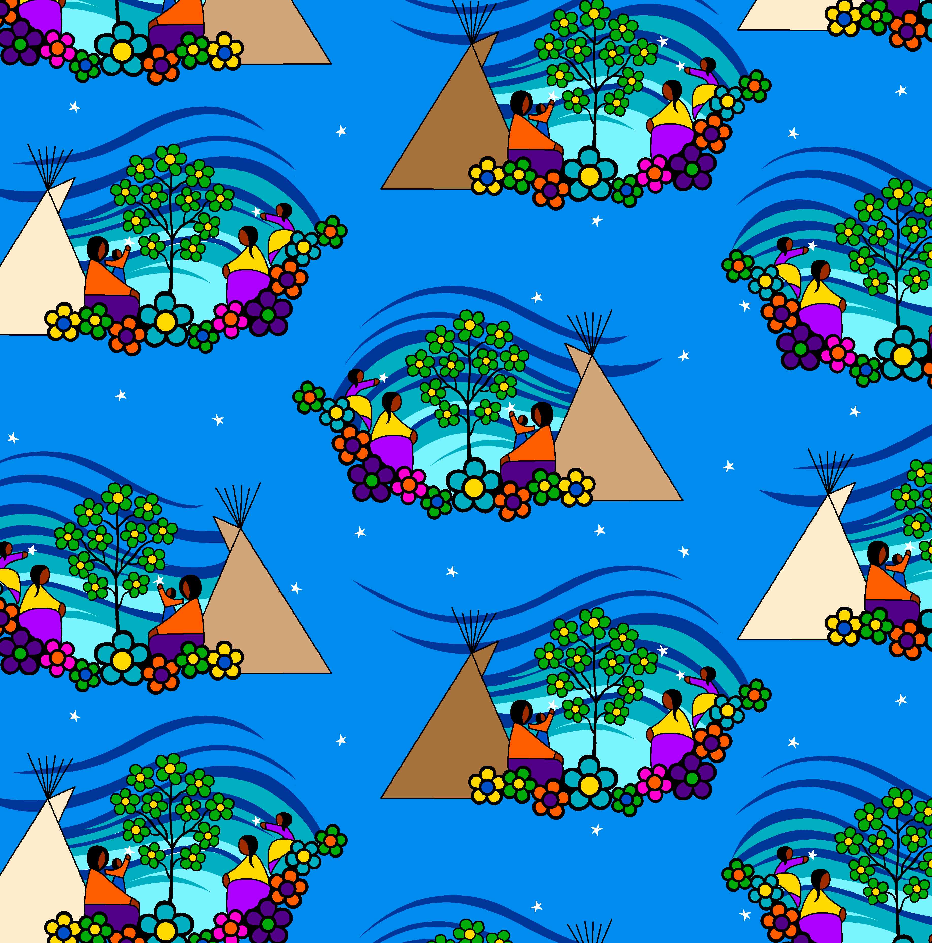 Yellowquill_Floral_by_Kevin_Peeace KP-0003-Blue Indigenous fabrics by Itex Designs