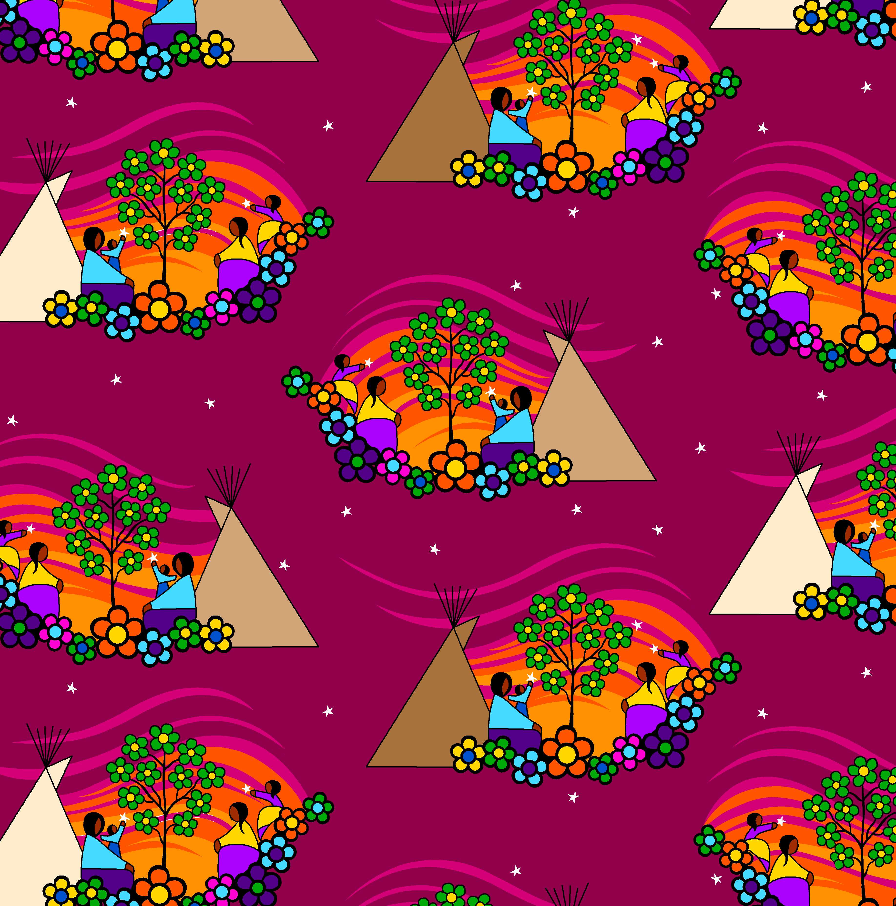 Yellowquill_Floral_by_Kevin_Peeace KP-0003-Burgundy Indigenous fabrics by Itex Designs